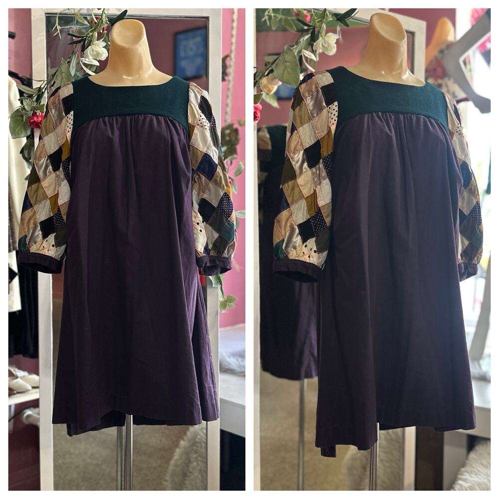 Ahcahcum Japanese Designer Quilted Shift Dress Purple Green Mod Twee XS/S